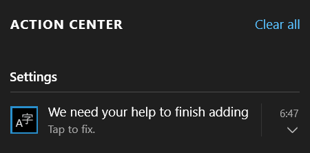 Action center tap to fix