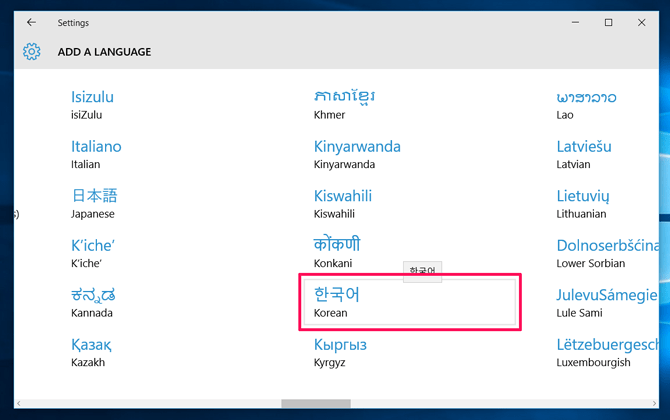 Add Korean language to Windows 10 in settings