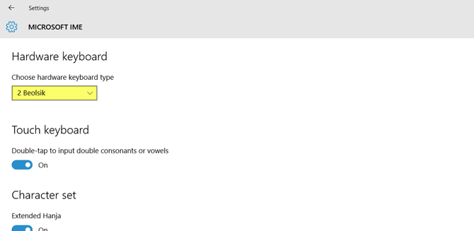 Korean Microsoft IME 2 Beolsik hardware keyboard settings